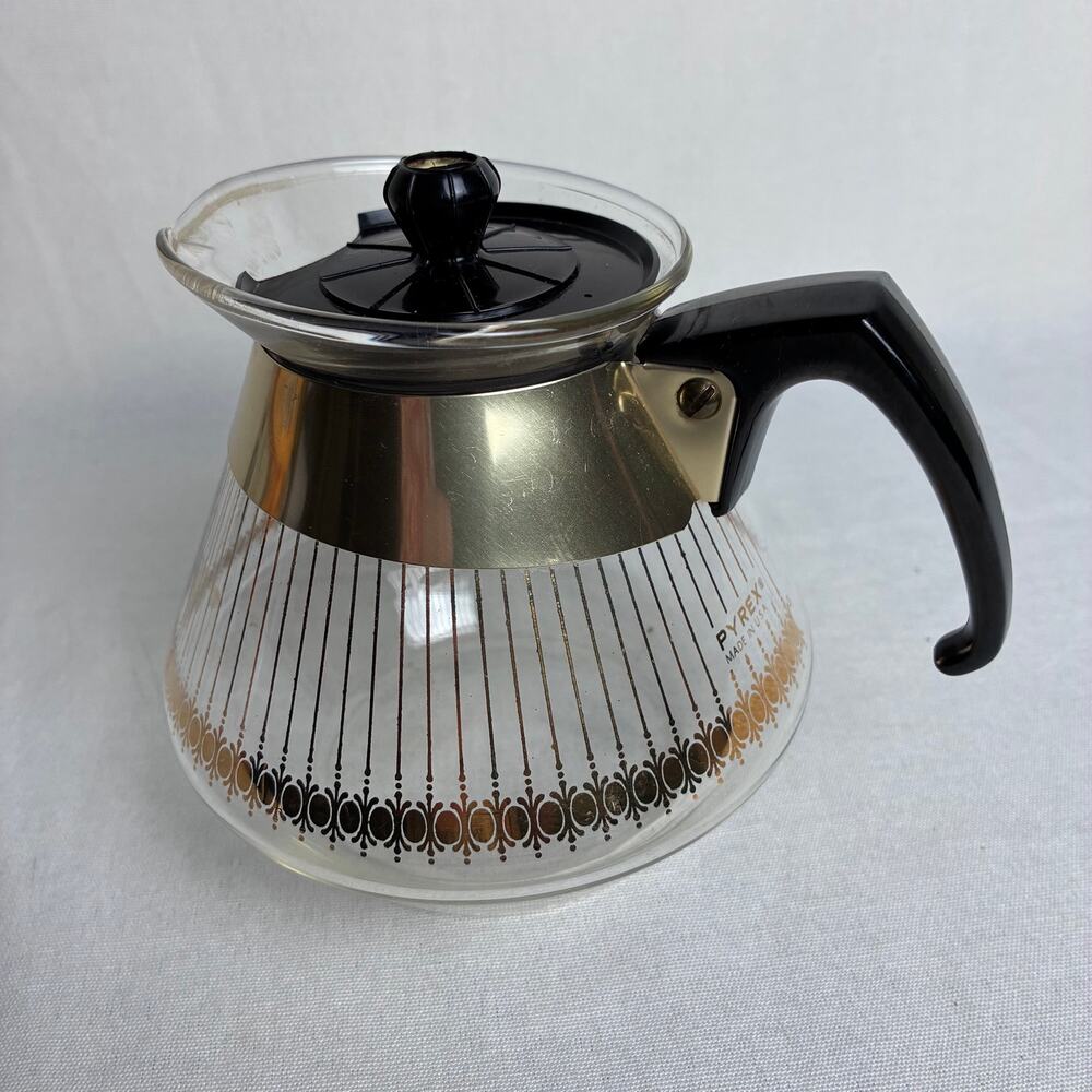 Vintage Pyrex Gold Filigree Atomic Coffee Server Carafe Pitcher Lid 4 Cup MCM